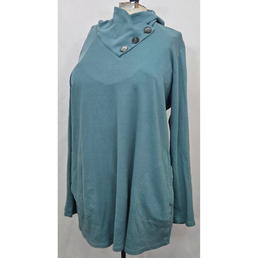 J Jill Pure Jill Button Cowl Neck Tunic Top Women L Teal Blue Cotton Knit